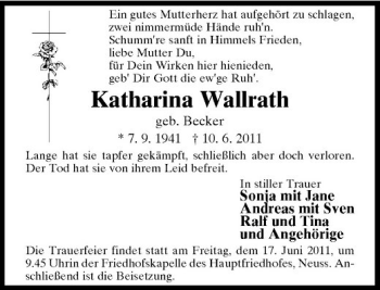 Traueranzeige von Katharina Wallrath von Rheinische Post
