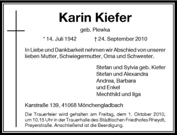 Traueranzeige von Karin Kiefer von Rheinische Post