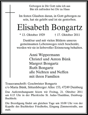 Traueranzeige von Bongartz Elisabeth von Rheinische Post