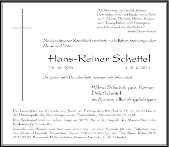 Traueranzeige von Hans-Reiner Schettel von Rheinische Post