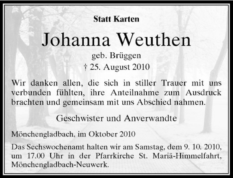  Traueranzeige für Johanna Weuthen vom 02.10.2010 aus Rheinische Post