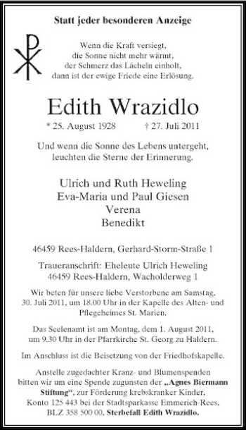 Traueranzeige von Edith Wrazidlo von Rheinische Post