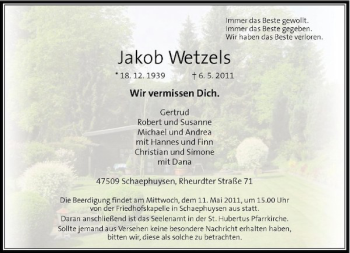 Traueranzeige von Jakob Wetzels von Rheinische Post