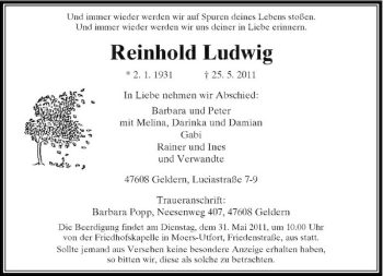 Traueranzeige von Reinhold Ludwig von Rheinische Post