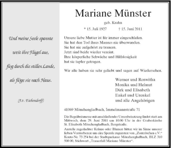 Traueranzeige von Mariane Münster von Rheinische Post