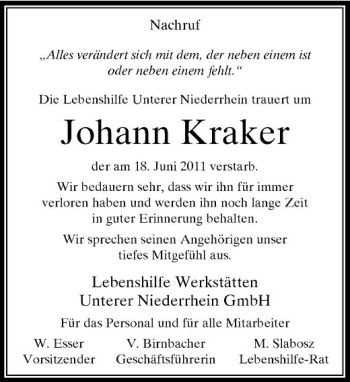 Traueranzeige von Nachruf 'Alles verändert sich mit dem der neben einem ist oder neben einem fehlt.' Die Lebenshilfe Unterer Niederrhein trauert um von Rheinische Post