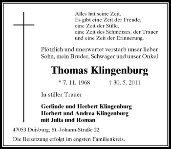 Traueranzeige von Thomas Klingenburg von Rheinische Post