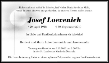 Traueranzeige von Josef Loevenich von Rheinische Post
