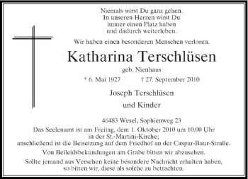Traueranzeige von Katharina Terschlüsen von Rheinische Post