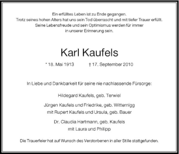 Traueranzeige von Karl Kaufels von Rheinische Post
