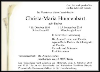 Traueranzeige von Christa-Maria Hunnenbart von Rheinische Post
