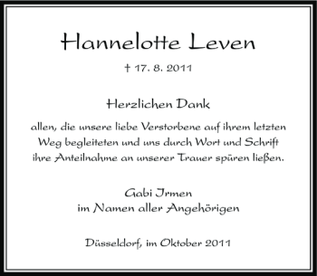Traueranzeige von Hannelotte Leven von Rheinische Post