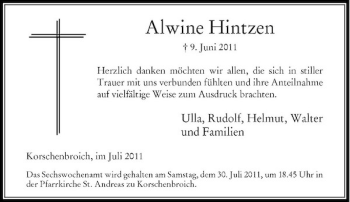 Traueranzeige von Alwine Hintzen von Rheinische Post