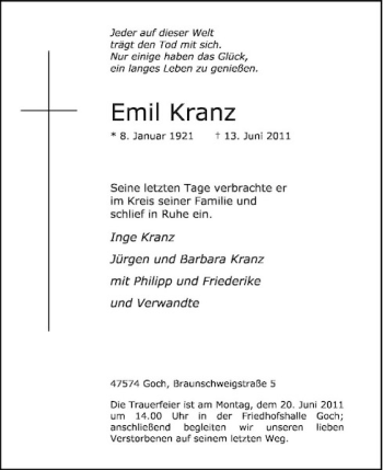 Traueranzeige von Emil Kranz von Rheinische Post