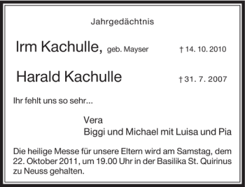 Traueranzeige von Kachulle Harald Kachulle Irm von Rheinische Post