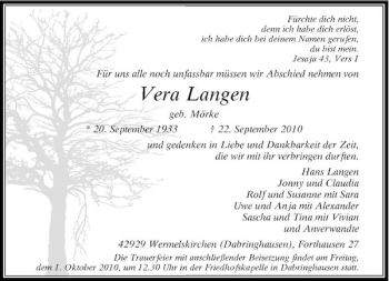 Traueranzeige von Vera Langen von Rheinische Post