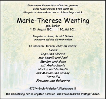 Traueranzeige von Maria-Theresia Wenting von Rheinische Post