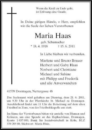 Traueranzeige von Maria Haas von Rheinische Post