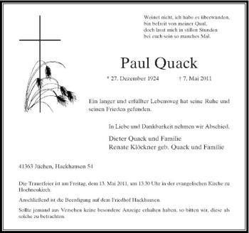 Traueranzeige von Paul Quack von Rheinische Post