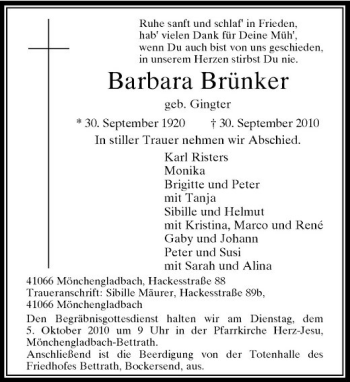 Traueranzeige von Barbara Brünker von Rheinische Post