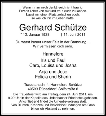 Traueranzeige von Gerhard Schütze von Rheinische Post