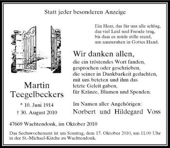 Traueranzeige von Martin Teegelbeckers von Rheinische Post