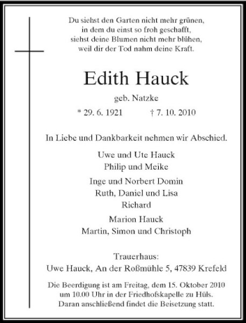 Traueranzeige von Edith Hauck von Rheinische Post