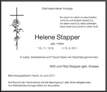 Traueranzeige von Helene Stapper von Rheinische Post