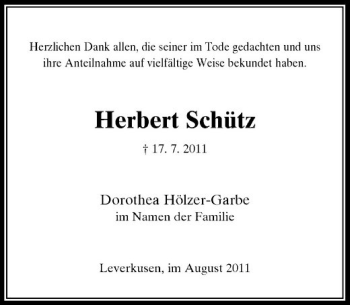 Traueranzeige von Herbert Schütz von Rheinische Post