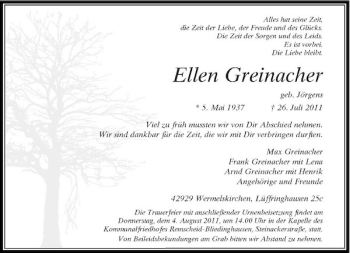 Traueranzeige von Ellen Greinacher von Rheinische Post