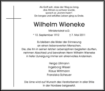 Traueranzeige von Wilhelm Wieneke von Rheinische Post