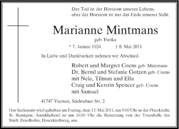 Traueranzeige von Marianne Mintmans von Rheinische Post