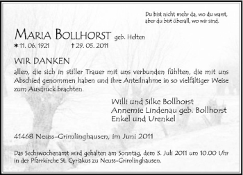 Traueranzeige von Maria Bollhorst von Rheinische Post