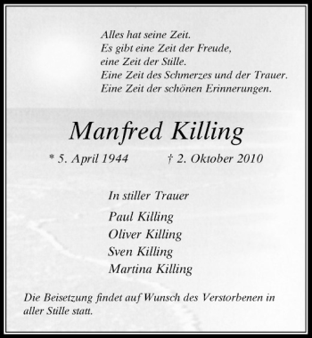 Traueranzeige von Manfred Killing von Rheinische Post