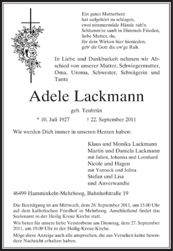Traueranzeige von Adele Lackmann von Rheinische Post