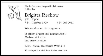 Traueranzeige von Brigitta Reckow von Rheinische Post