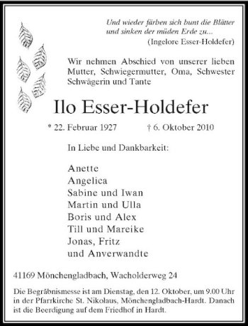 Traueranzeige von Ilo Esser-Holdefer von Rheinische Post