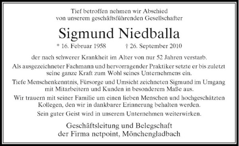  Traueranzeige für Sigmund Niedballa vom 01.10.2010 aus Rheinische Post