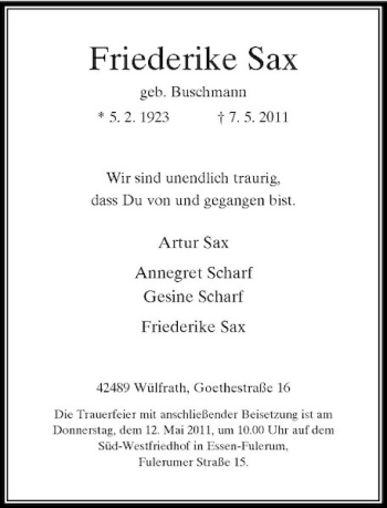 Traueranzeige von Friederike Sax von Rheinische Post