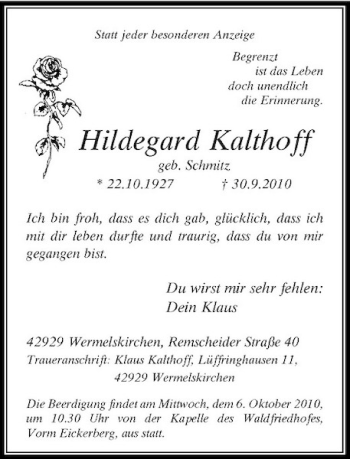 Traueranzeige von Hildegard Kalthoff von Rheinische Post