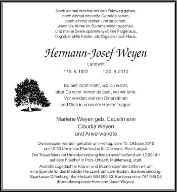 Traueranzeige von Hermann-Josef Weyen von Rheinische Post