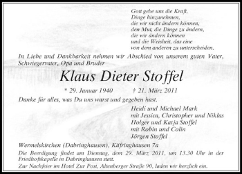 Traueranzeige von Klaus Dieter Stoffel von Rheinische Post
