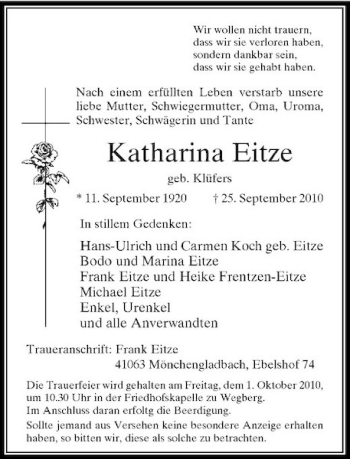 Traueranzeige von Katharina Eitze von Rheinische Post