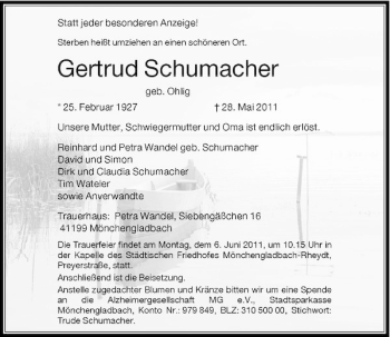 Traueranzeige von Gertrud Schumacher von Rheinische Post