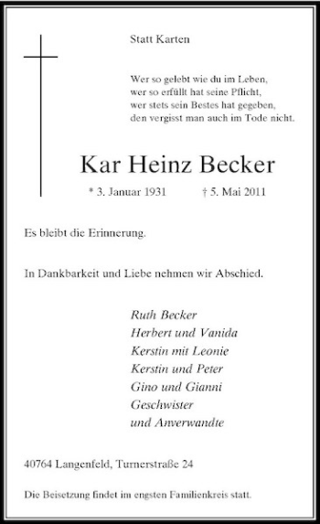 Traueranzeige von Karl Heinz Becker von Rheinische Post