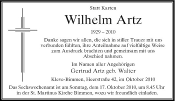 Traueranzeige von Wilhelm Artz von Rheinische Post