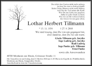 Traueranzeige von Lothar Herbert Tillmann von Rheinische Post