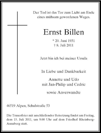 Traueranzeige von Ernst Billen von Rheinische Post