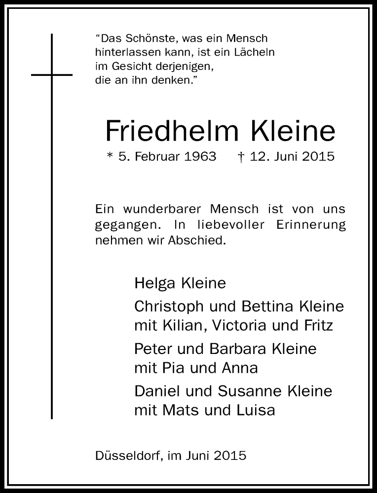  Traueranzeige für Friedhelm Kleine vom 17.06.2015 aus Rheinische Post