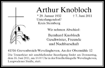 Traueranzeige von Arthur Knobloch von Rheinische Post
